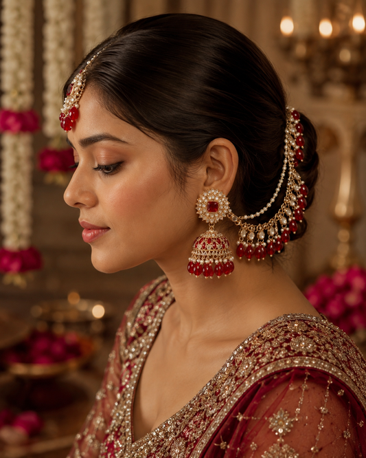 Red Avreet Mirror Bahubali Jhumka with Teeka