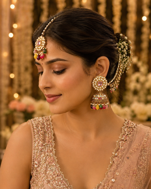 Multi Avreet Mirror Bahubali Jhumka with Teeka