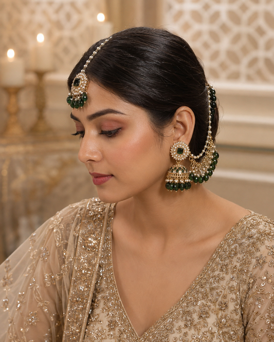 Green Avreet Mirror Bahubali Jhumka with Teeka