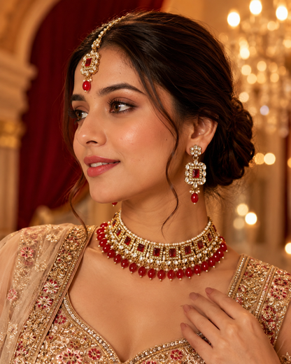 Red Hrishita Kundan Zircon Choker Necklace Set With Earring and Teeka
