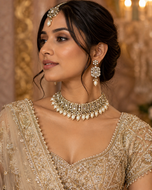 Pearl Hrishita Kundan Zircon Choker Necklace Set With Earring and Teeka