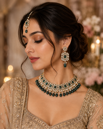 Green Hrishita Kundan Zircon Choker Necklace Set With Earring and Teeka