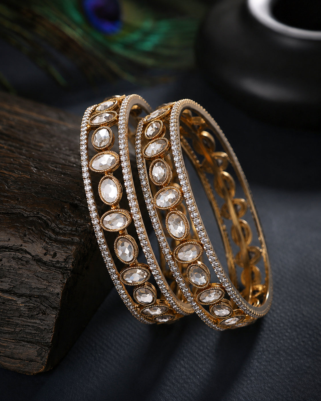 Shrivalli Premium AD Stoned Bangle In Polki Look - Set of 2