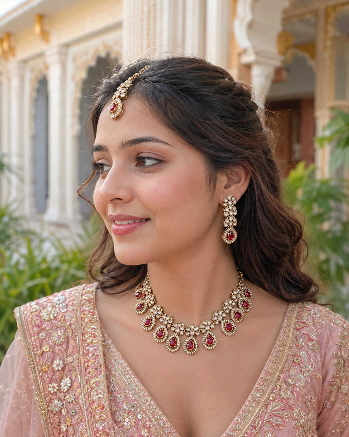 Pink Urmika Premium Necklace with Earring and Teeka
