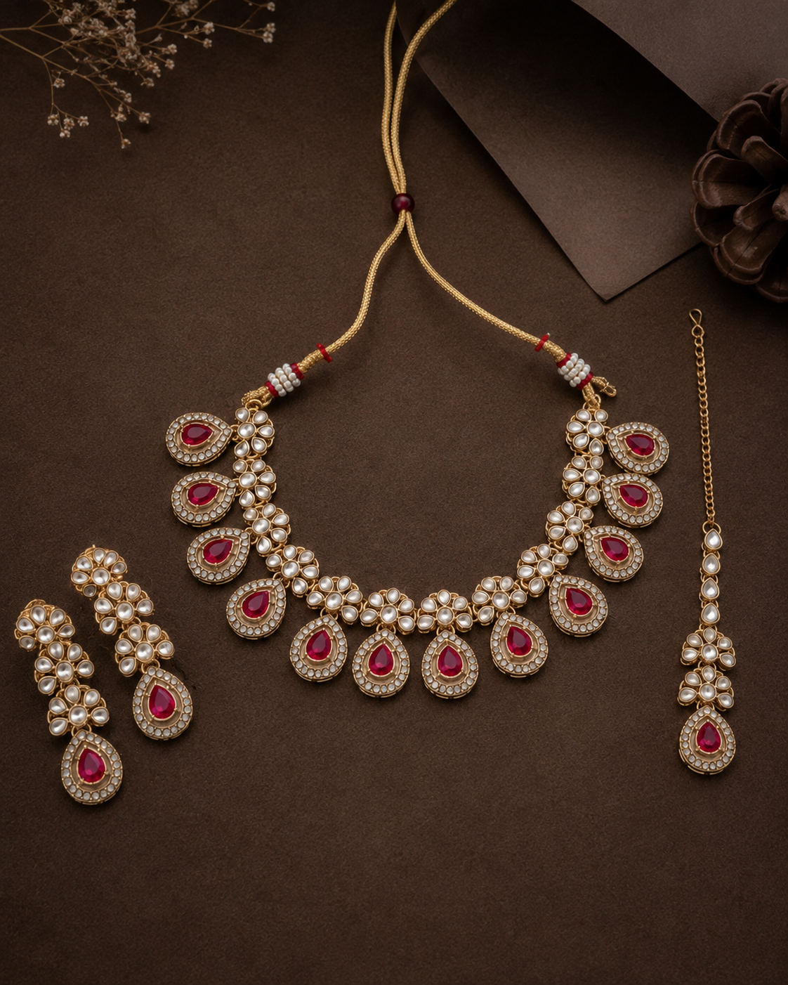 Pink Urmika Premium Necklace with Earring and Teeka