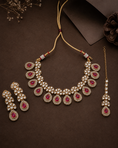 Pink Urmika Premium Necklace with Earring and Teeka