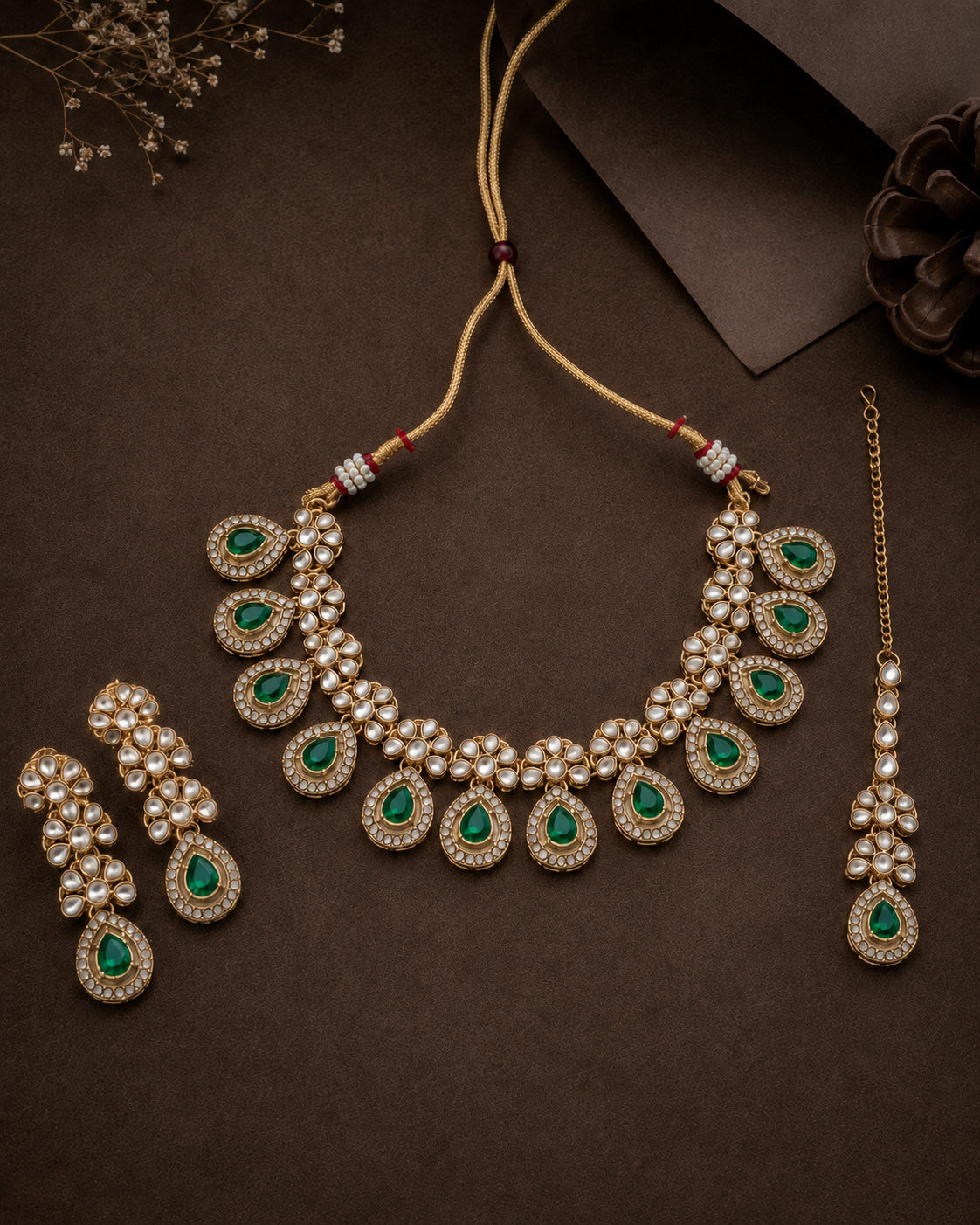 Emerald Urmika Premium Necklace with Earring and Teeka