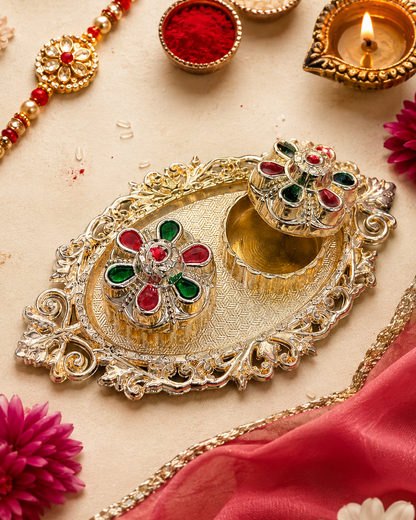 Viramika Meenakari Gold Plated Fancy Designs Roli Chawal Thali Set