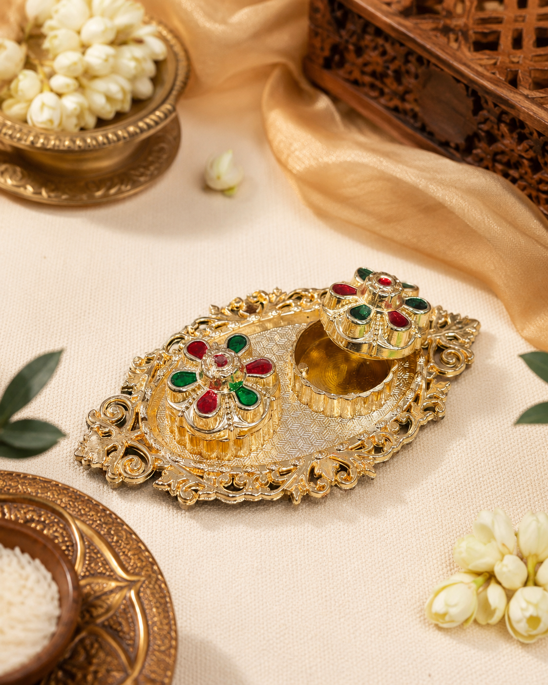 Viramika Meenakari Gold Plated Fancy Designs Roli Chawal Thali Set