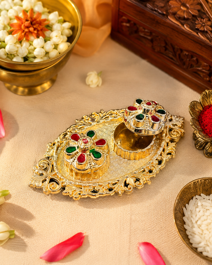 Viramika Meenakari Gold Plated Fancy Designs Roli Chawal Thali Set