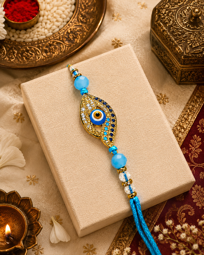 Turquoise Taksh Evil Eye Rakhi with Tilak Set and Card