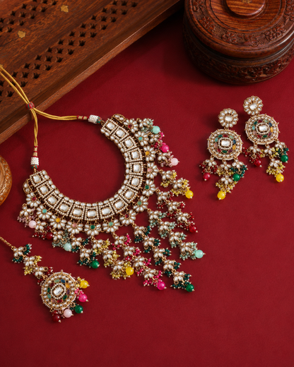 Multi Devyani Kundan Necklace Set With Earring and Mangteeka