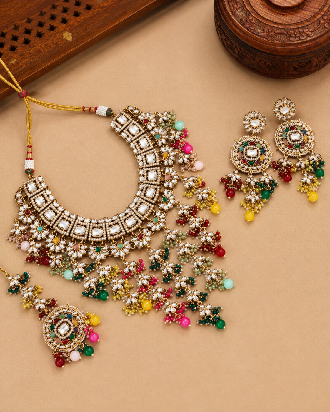 Multi Devyani Kundan Necklace Set With Earring and Mangteeka