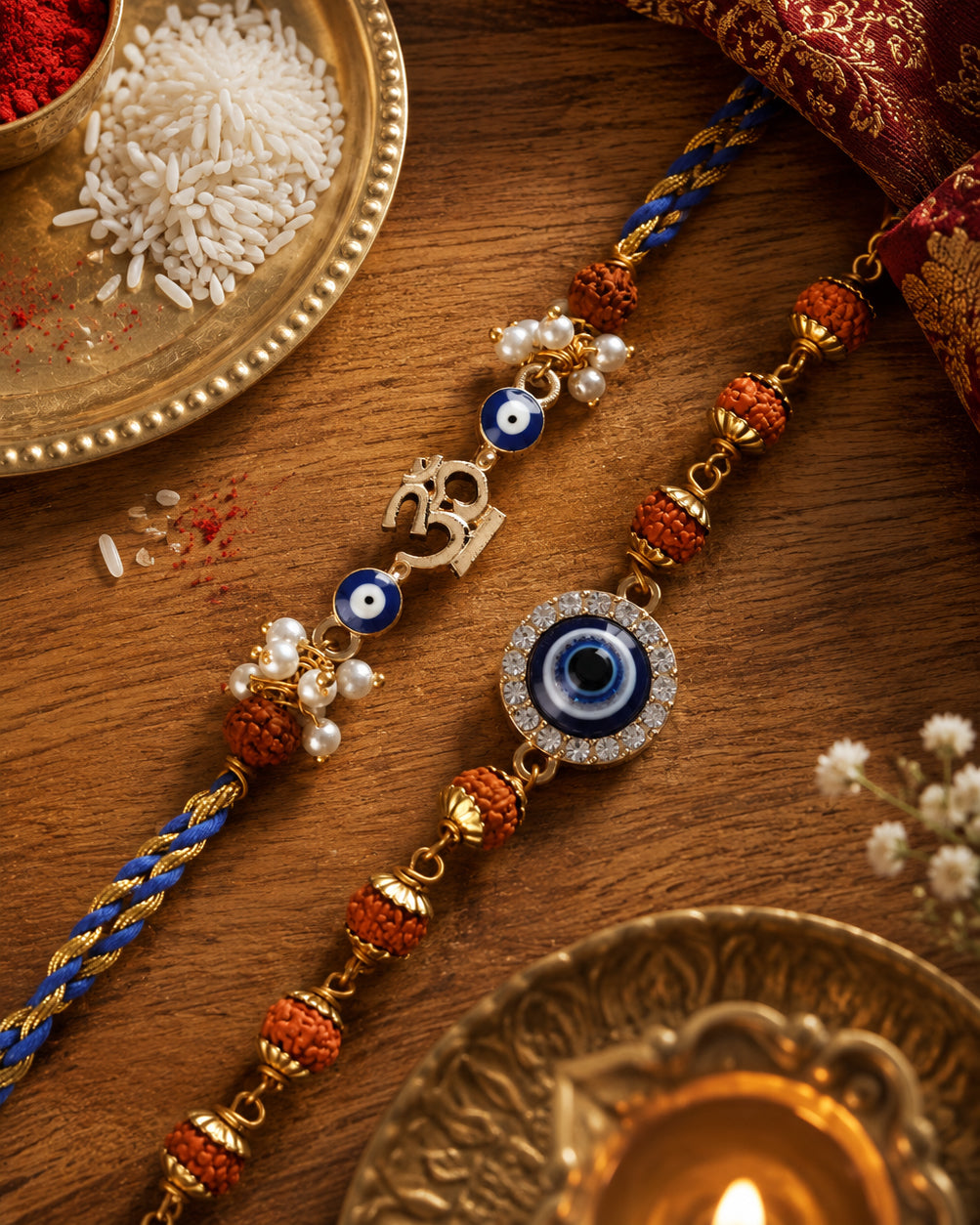 Rudraksh Rakhi and Bracelet with Card | Tilak Set Included