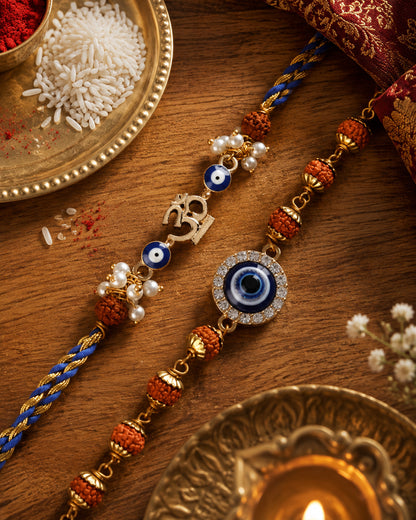 Rudraksh Rakhi and Bracelet with Card | Tilak Set Included
