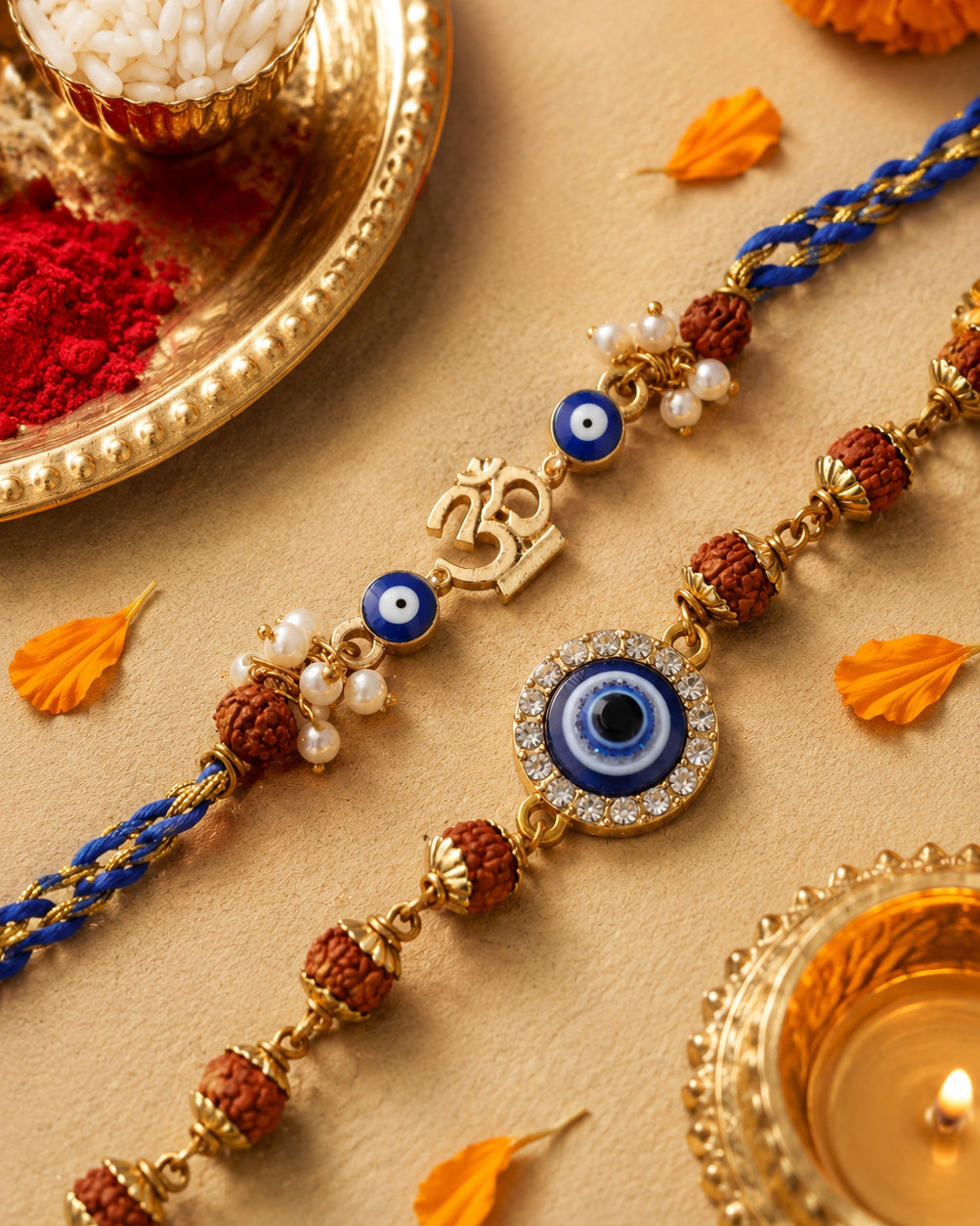 Rudraksh Rakhi and Bracelet with Card | Tilak Set Included