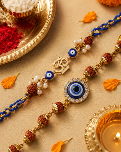 Rudraksh Rakhi and Bracelet with Card | Tilak Set Included
