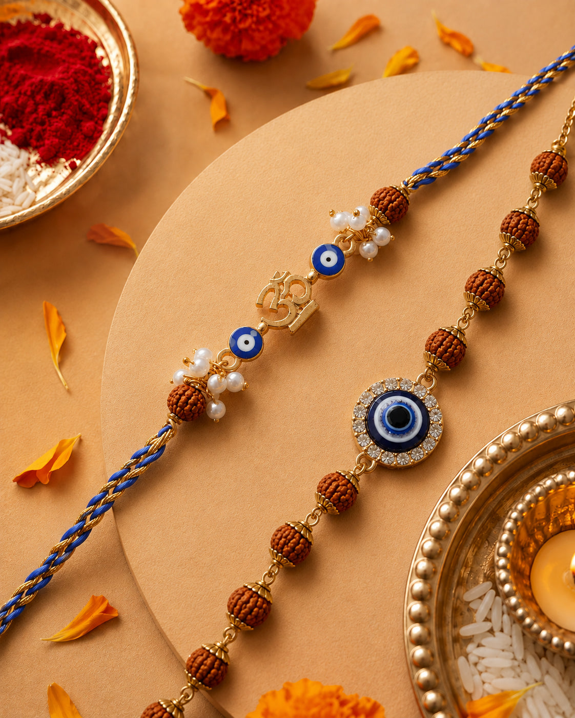 Rudraksh Rakhi and Bracelet with Card | Tilak Set Included