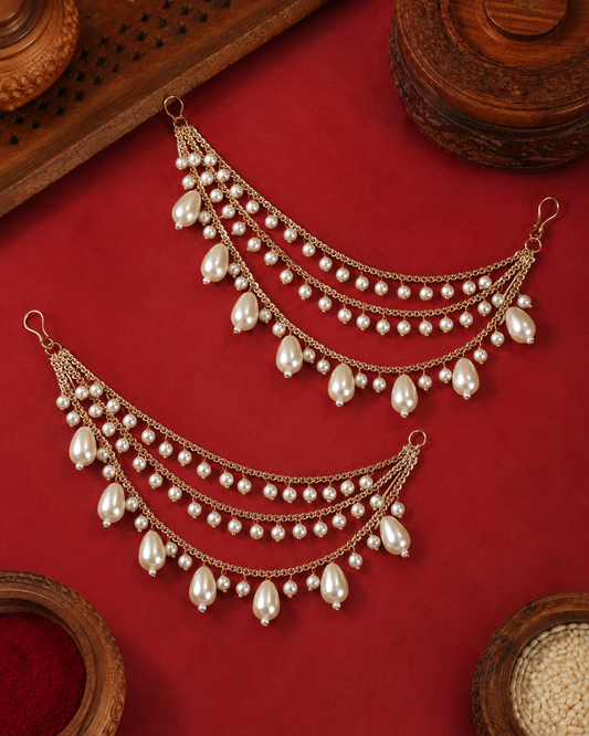 Gold Bahubali Pearl Kaan Chain Pair