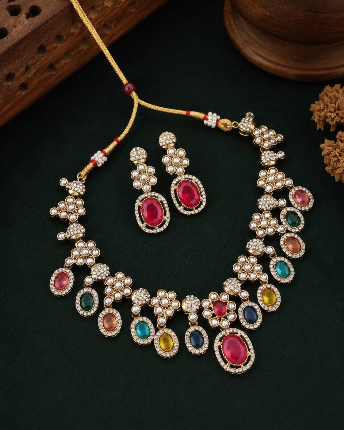 Red Multi Baani Indo Western Necklace With Earrings