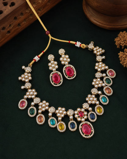 Red Multi Baani Indo Western Necklace With Earrings