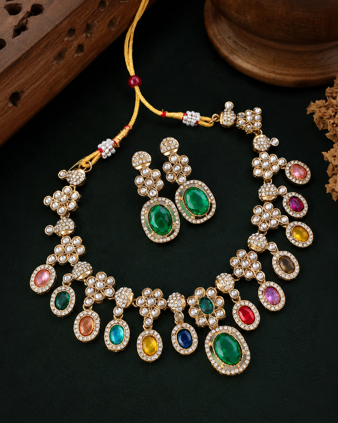 Green Multi Baani Indo Western Necklace With Earrings