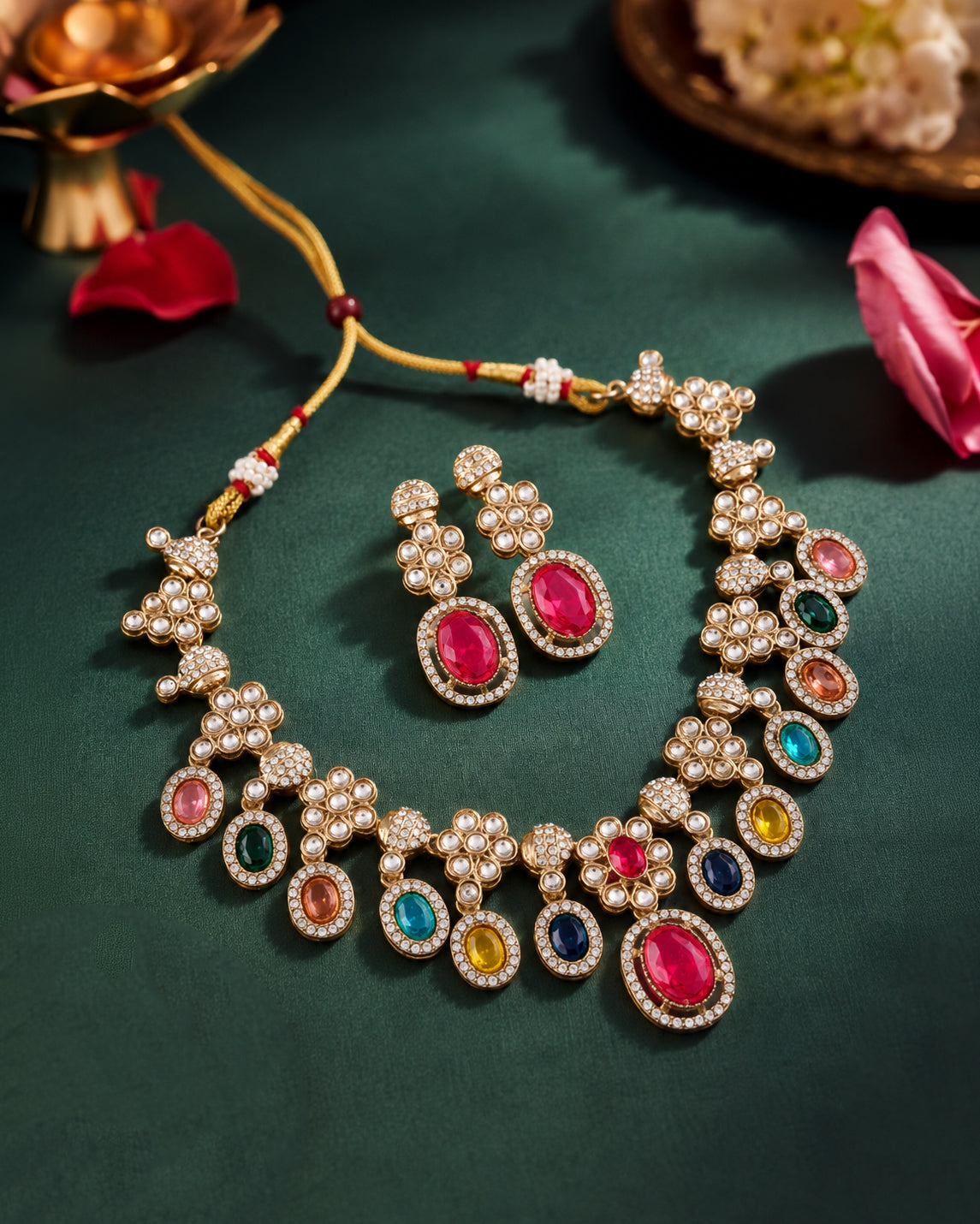 Red Multi Baani Indo Western Necklace With Earrings