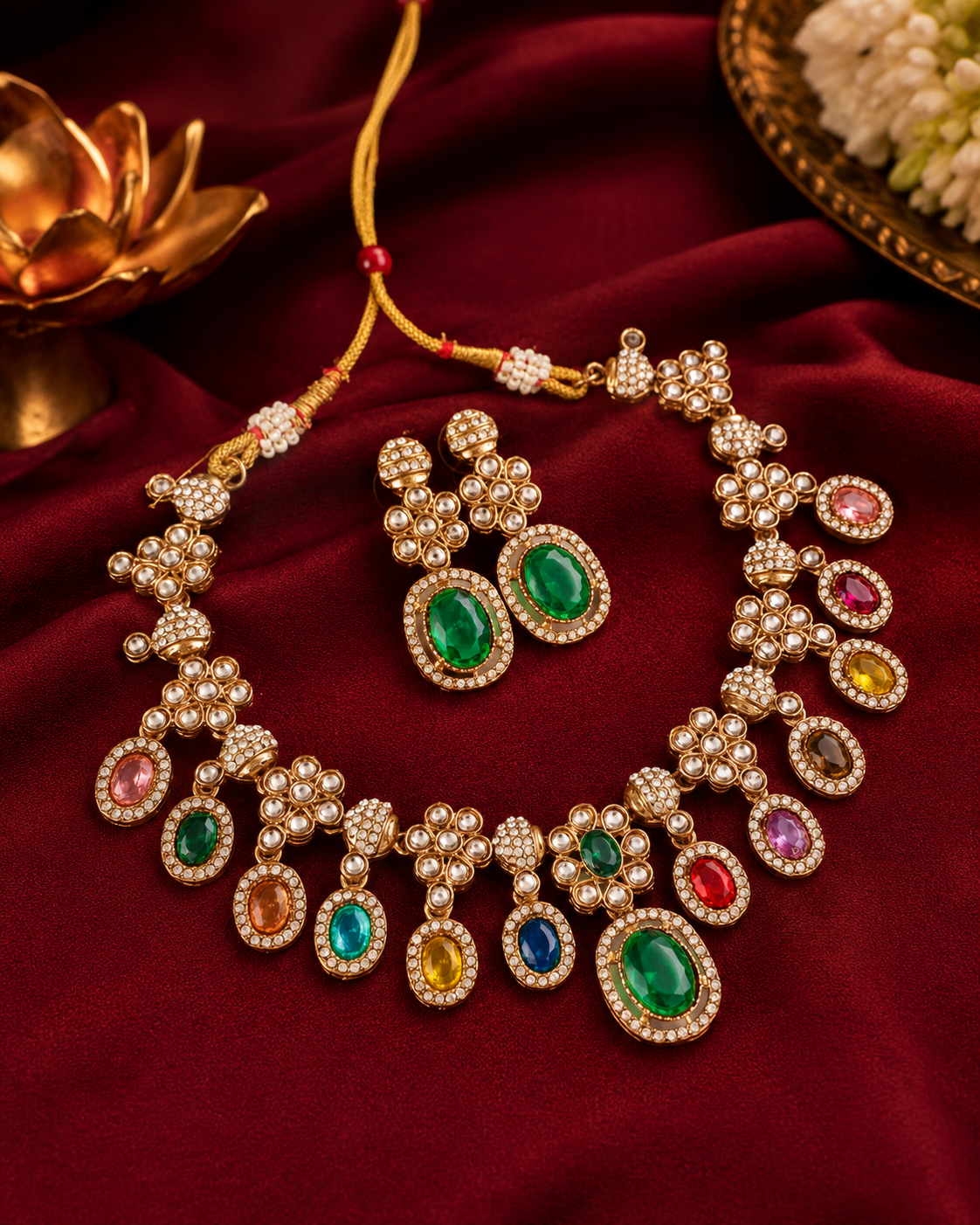 Green Multi Baani Indo Western Necklace With Earrings