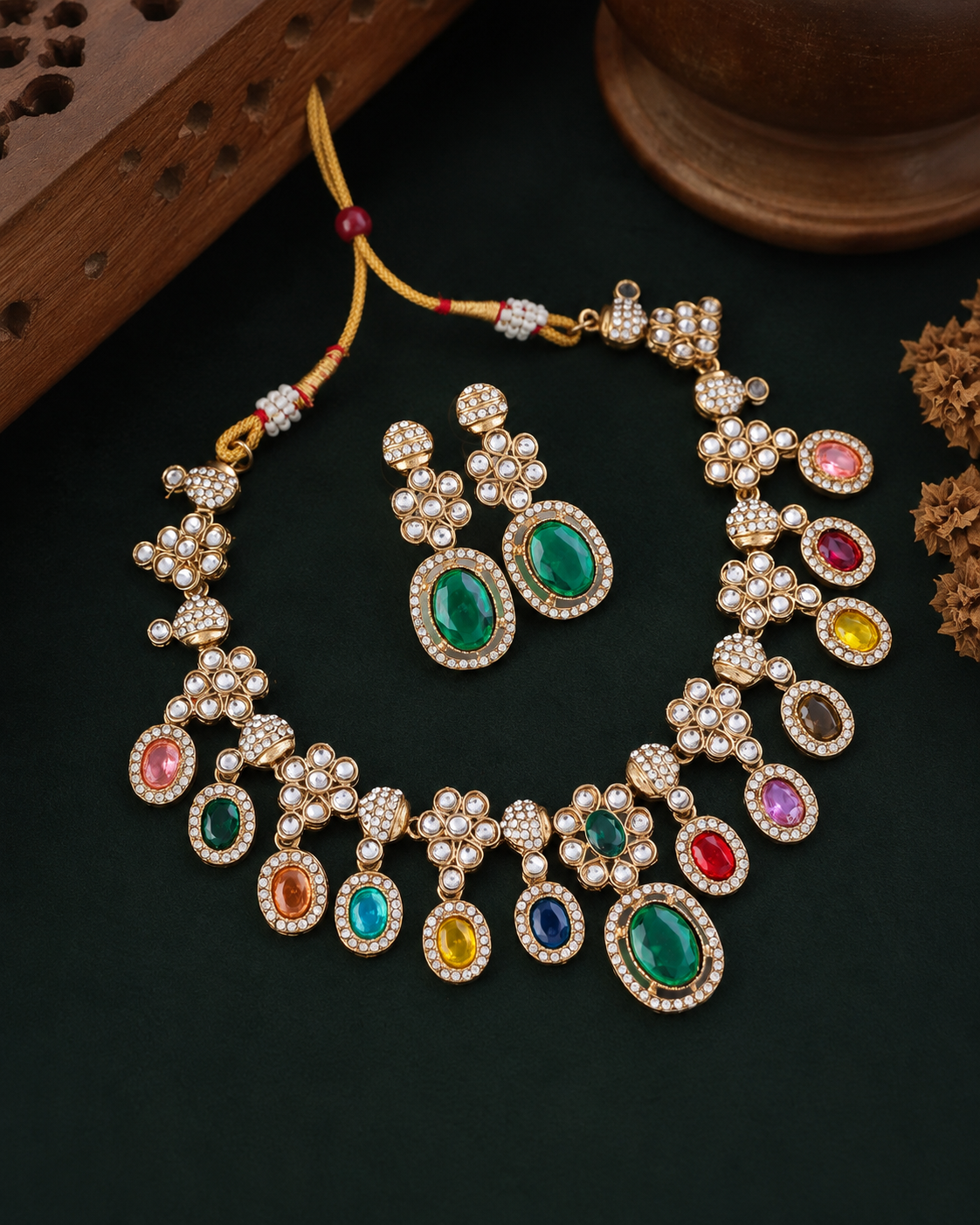 Green Multi Baani Indo Western Necklace With Earrings
