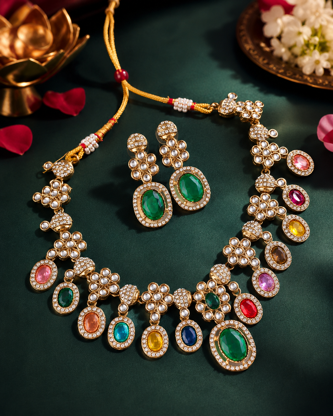 Green Multi Baani Indo Western Necklace With Earrings