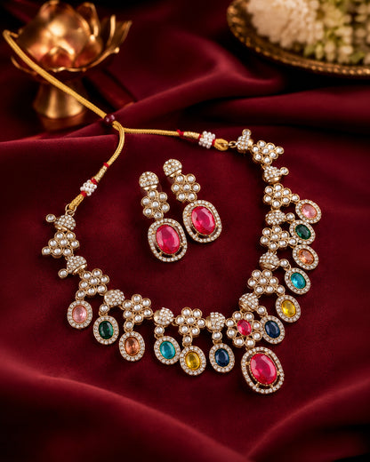 Red Multi Baani Indo Western Necklace With Earrings