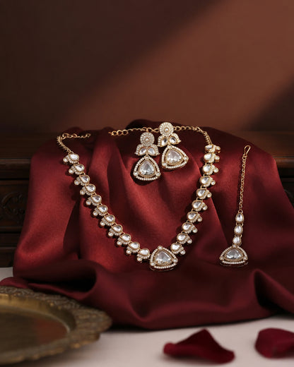 Silver Adhvika Designer Monalisa and Zircone Necklace Set with Earring & Teeka
