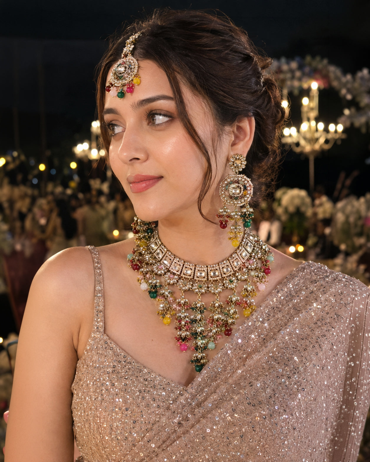 Multi Devyani Kundan Necklace Set With Earring and Mangteeka