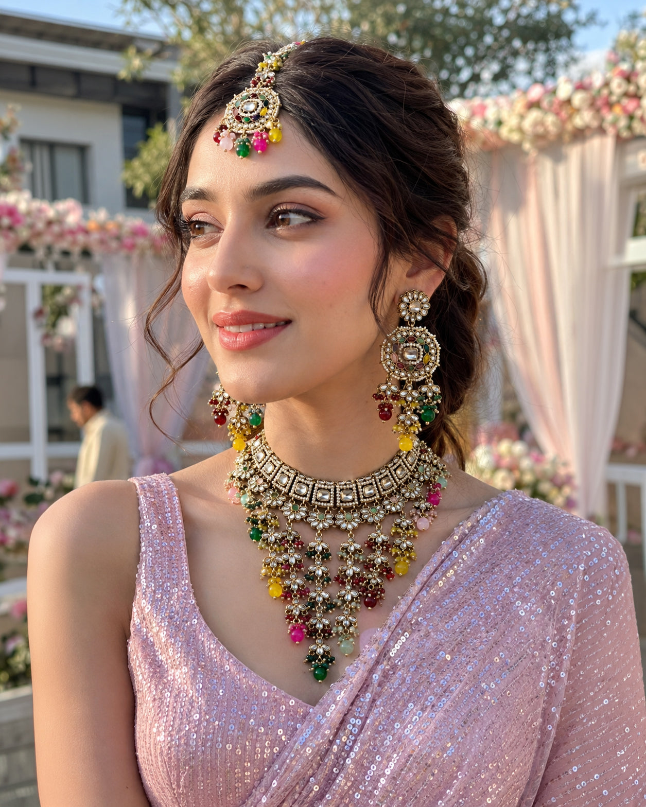 Multi Devyani Kundan Necklace Set With Earring and Mangteeka