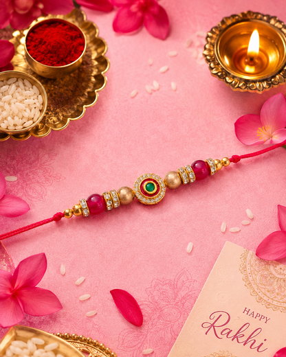 Red Charuvi Rakhi for Brother | Tilak Set Included