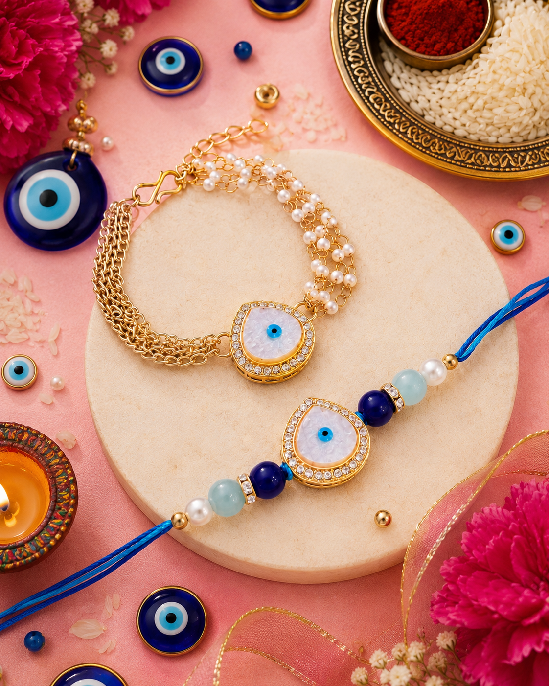 Kaumudi Evil Eye Bhaiya Bhabhi Rakhi Bracelet Set | Tilak Set Included