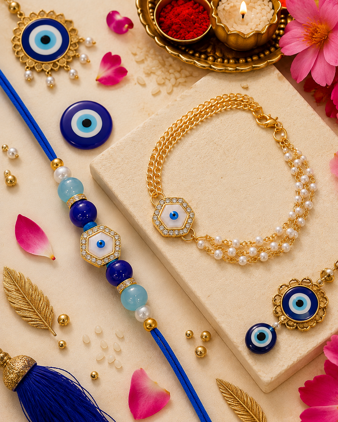 Amodini Evil Eye Bhaiya Bhabhi Rakhi Bracelet Set | Tilak Set Included