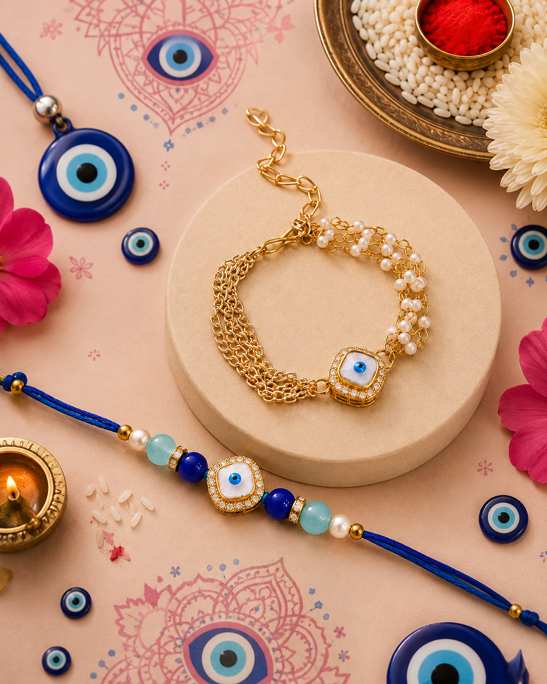 Inara Evil Eye Bhaiya Bhabhi Rakhi Bracelet Set | Tilak Set Included