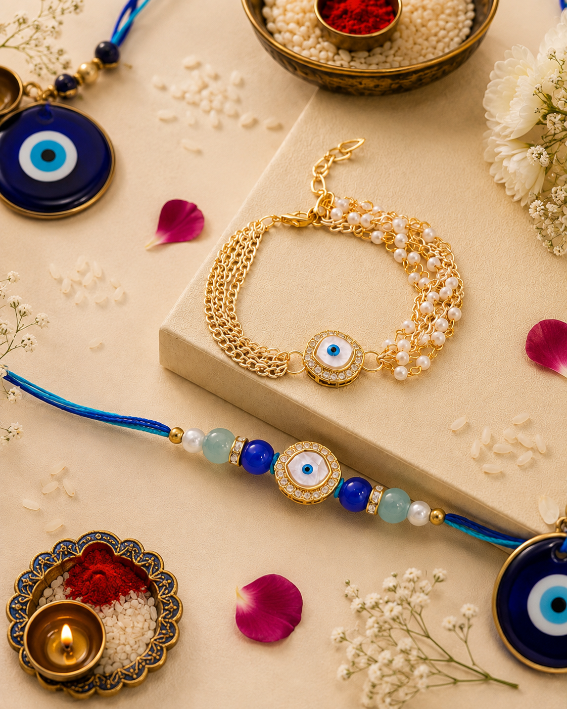 Ahalya Evil Eye Bhaiya Bhabhi Rakhi Bracelet Set | Tilak Set Included
