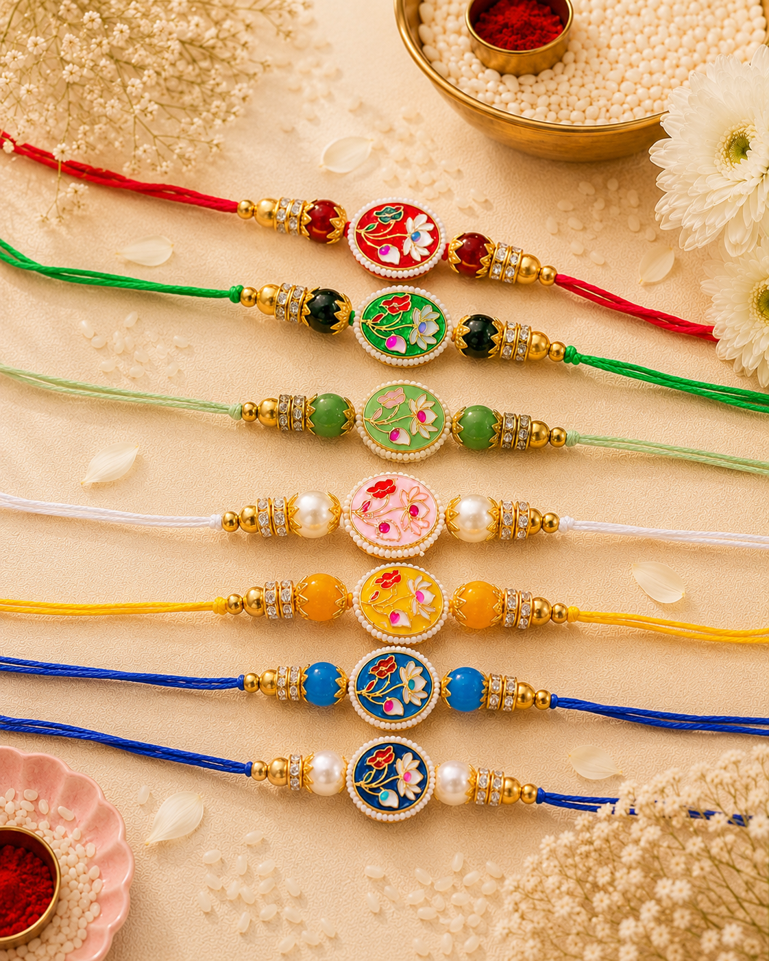 Pack of 7 Reyva Meenakari Rakhi for Brother | Tilak Set Included