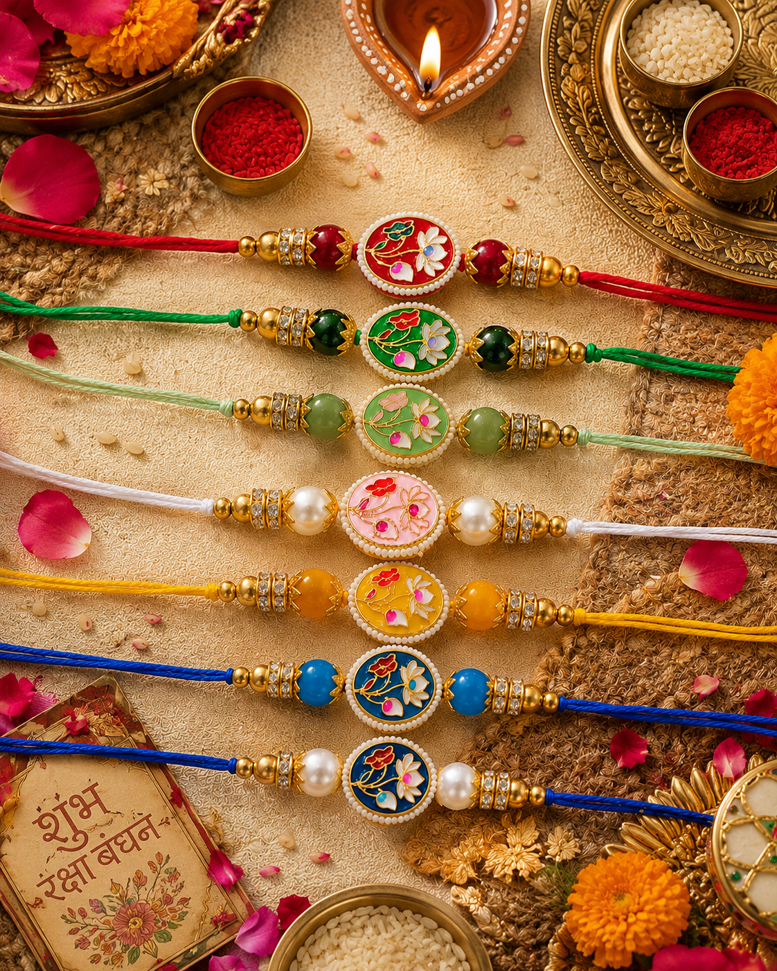Pack of 7 Reyva Meenakari Rakhi for Brother | Tilak Set Included