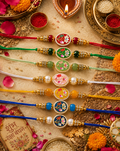 Pack of 7 Reyva Meenakari Rakhi for Brother | Tilak Set Included