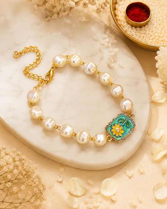 Helia Pearl Bracelet Rakhi | Tilak Set Included