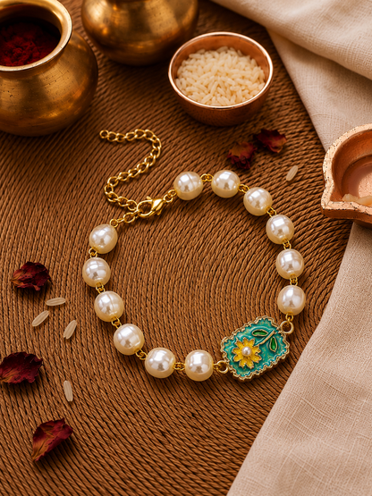 Helia Pearl Bracelet Rakhi | Tilak Set Included