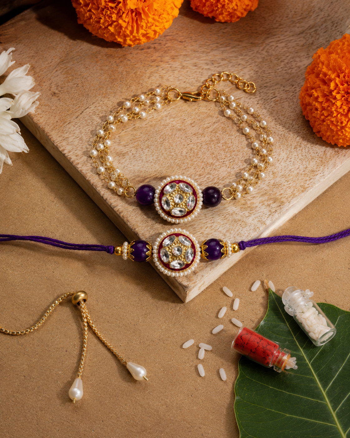 Purple Ritansh Meena Bhaiya Bhabhi Rakhi Bracelet Set | Tilak Set Included
