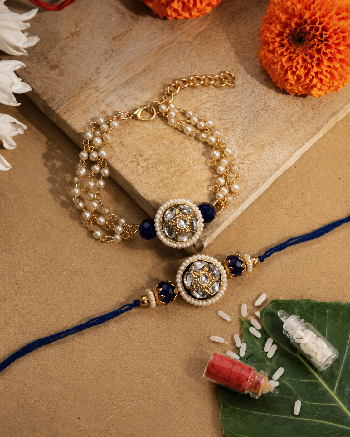 Blue Ritansh Meena Bhaiya Bhabhi Rakhi Bracelet Set | Tilak Set Included