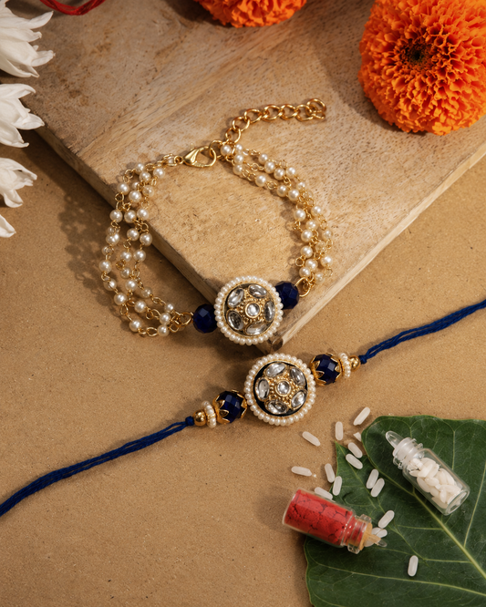 Blue Ritansh Meena Bhaiya Bhabhi Rakhi Bracelet Set | Tilak Set Included