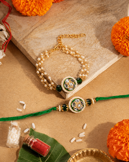 Green Ritansh Meena Bhaiya Bhabhi Rakhi Bracelet Set | Tilak Set Included