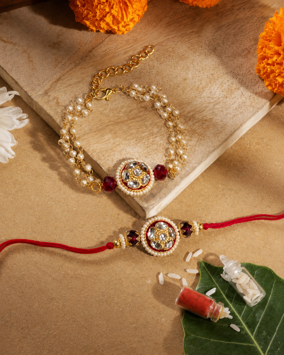 Red Ritansh Meena Bhaiya Bhabhi Rakhi Bracelet Set | Tilak Set Included