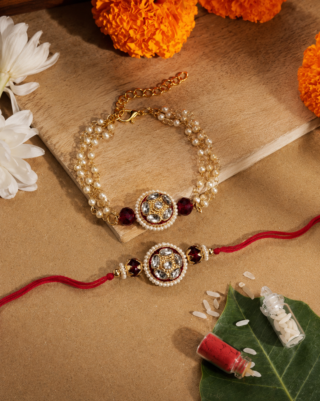 Red Ritansh Meena Bhaiya Bhabhi Rakhi Bracelet Set | Tilak Set Included